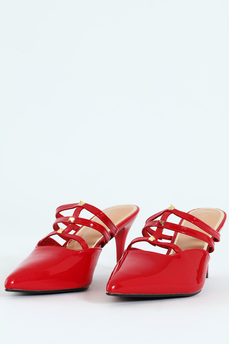 Multi Strap Pointy Mule Heel - Red