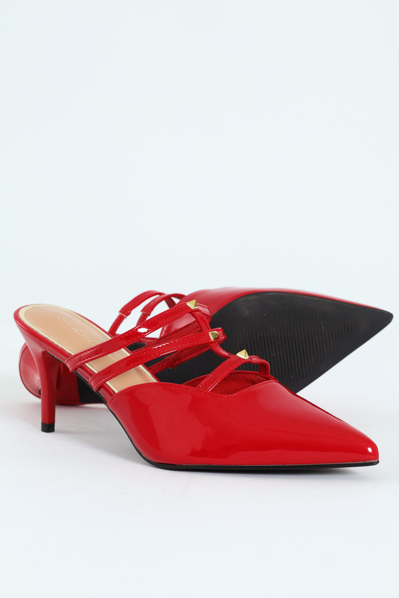 Multi Strap Pointy Mule Heel - Red