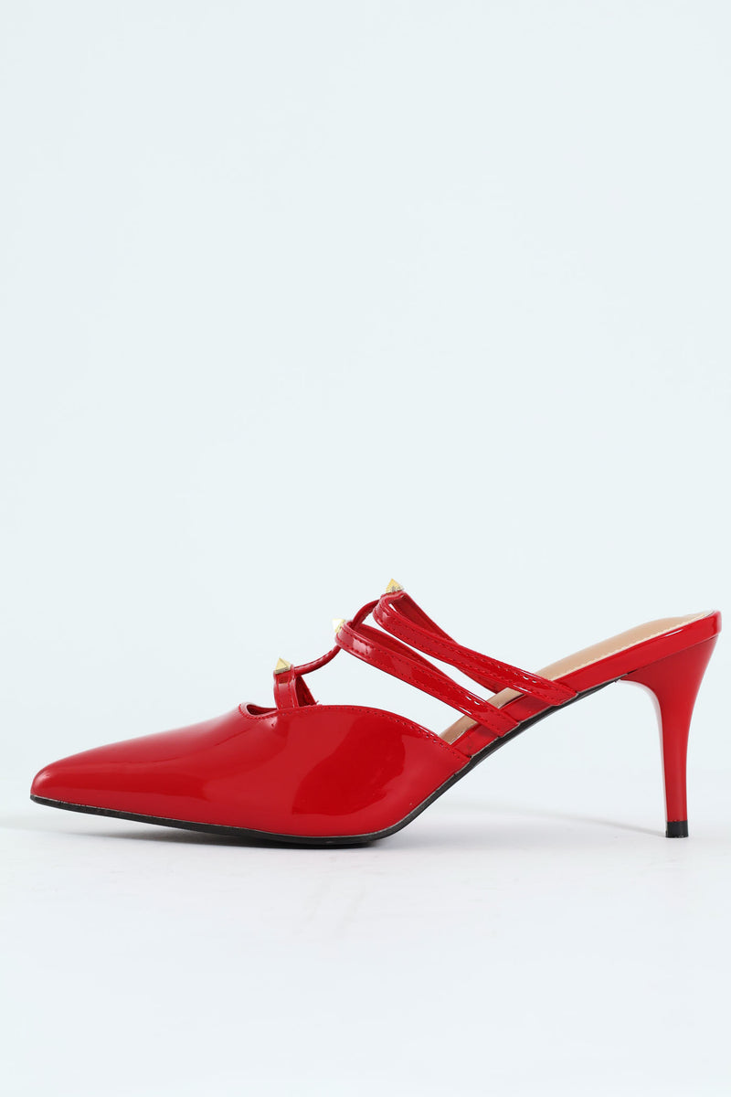 Multi Strap Pointy Mule Heel - Red
