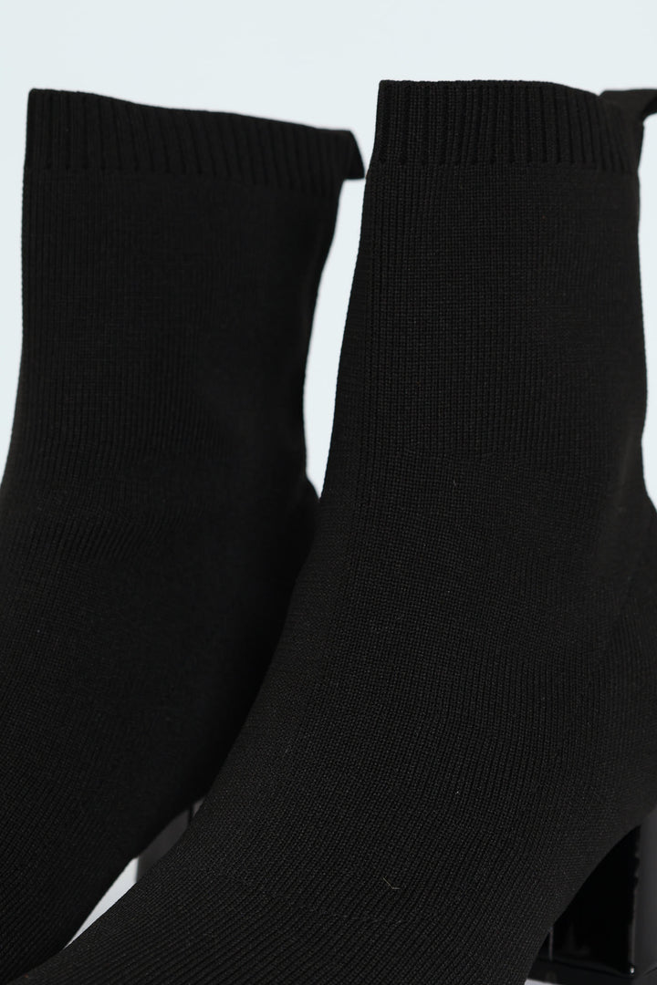 Pointed Block Heel Sock Ankle Boot - Black