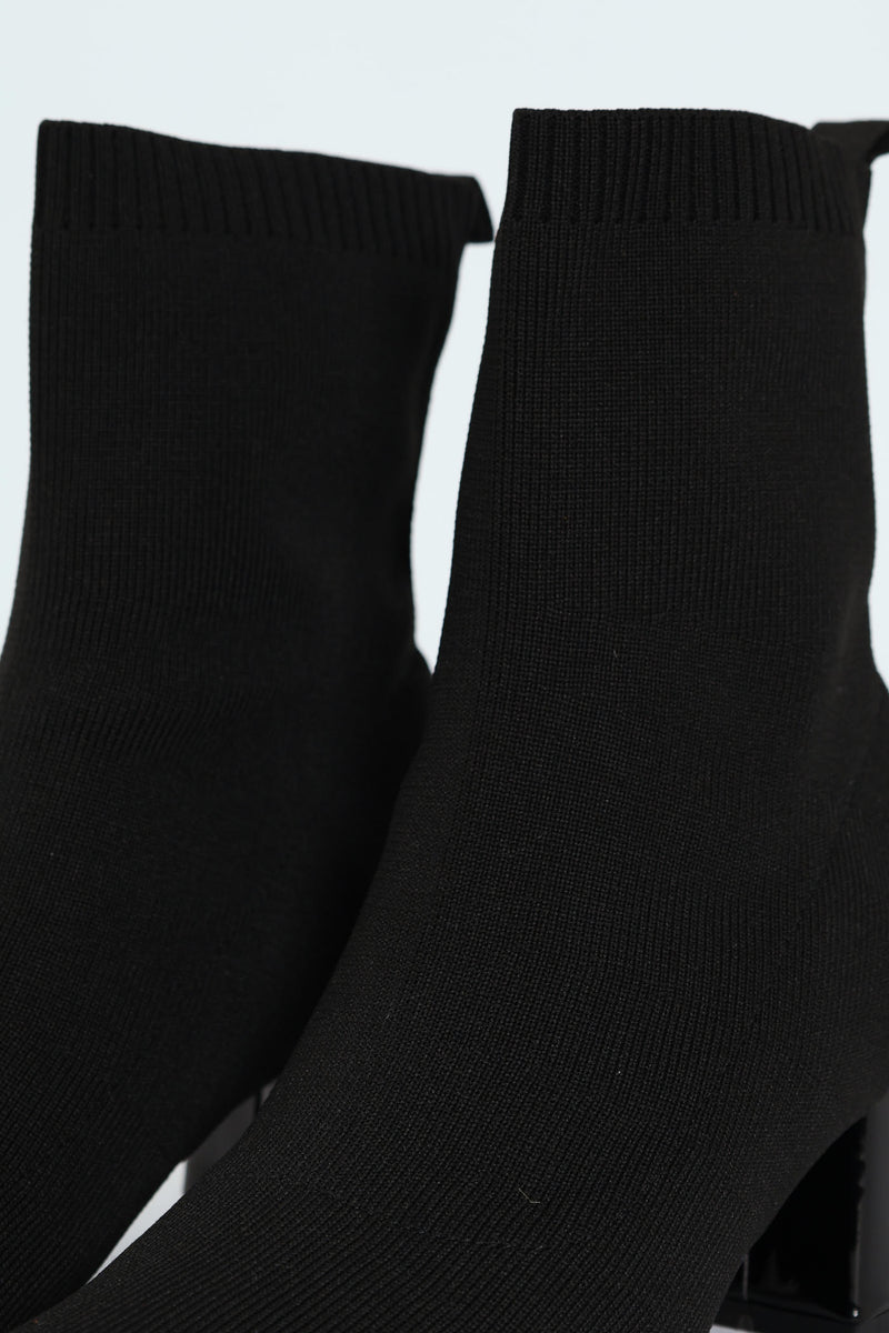 Pointed Block Heel Sock Ankle Boot - Black