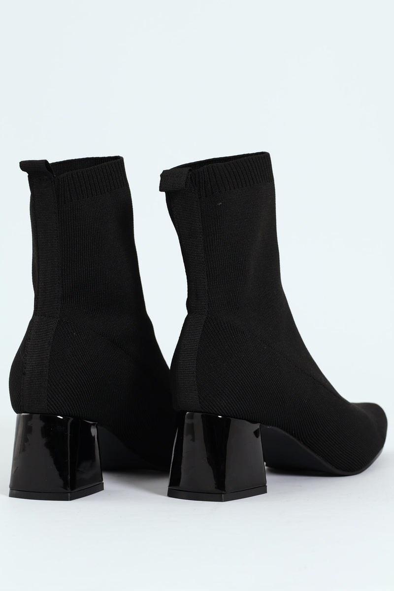 Pointed Block Heel Sock Ankle Boot - Black