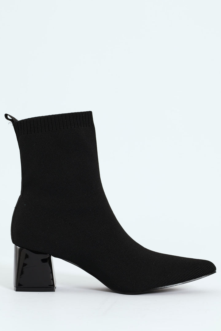 Pointed Block Heel Sock Ankle Boot - Black