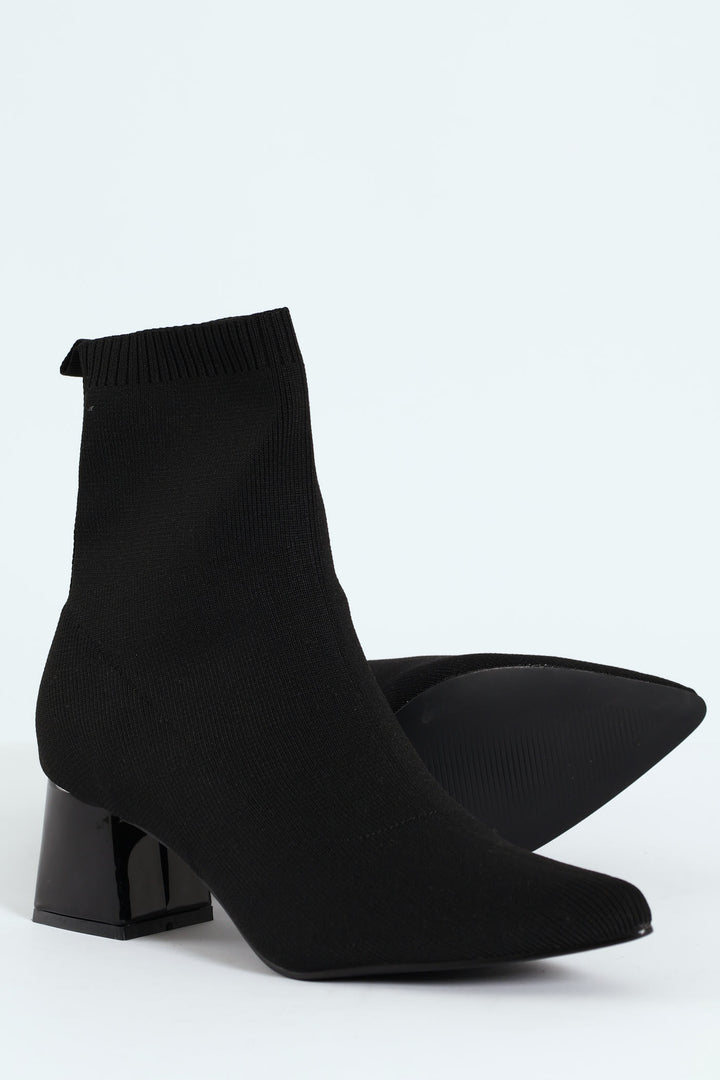 Pointed Block Heel Sock Ankle Boot - Black