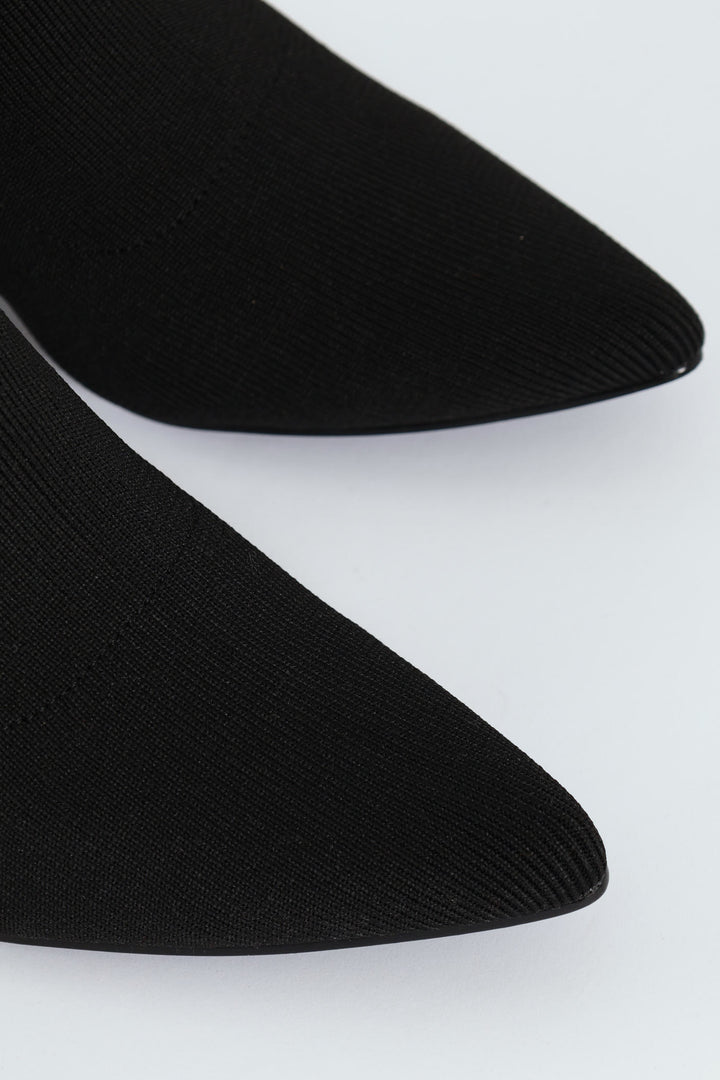 Pointed Block Heel Sock Ankle Boot - Black