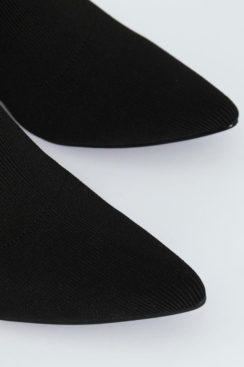Pointed Block Heel Sock Ankle Boot - Black