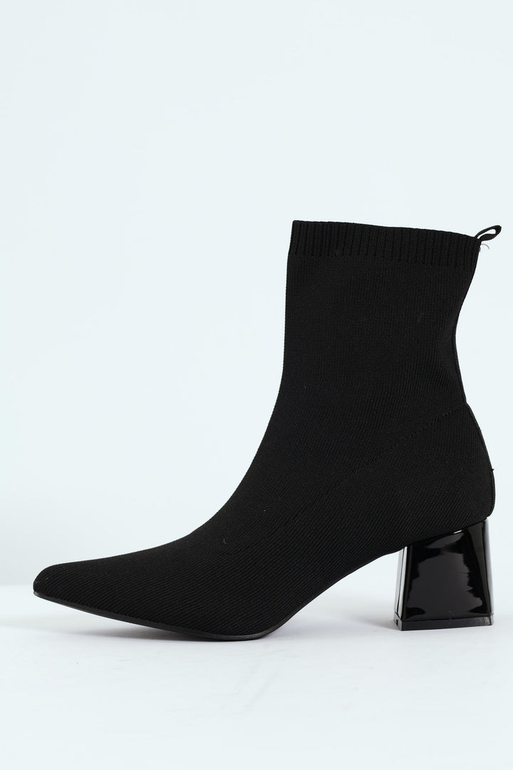 Pointed Block Heel Sock Ankle Boot - Black