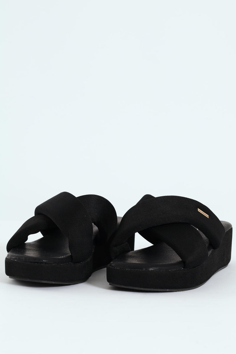 Mesh Crosstrap On Flatform Sandal - Black