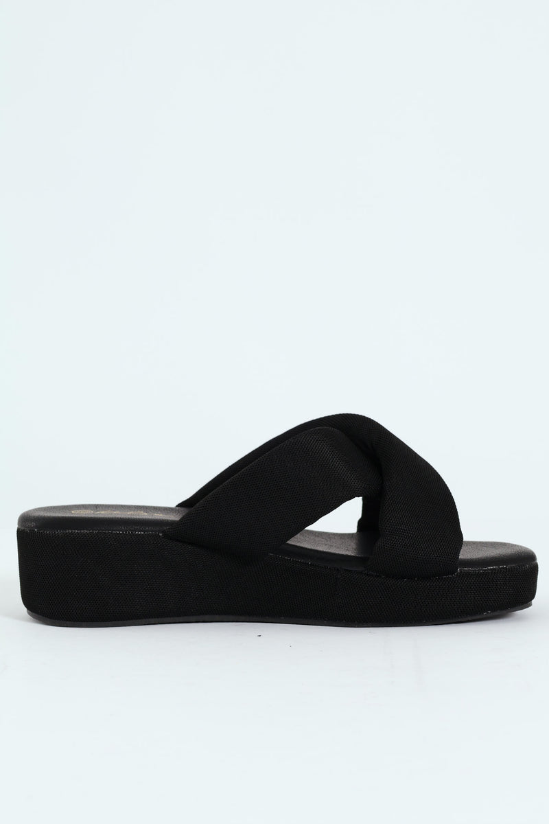 Mesh Crosstrap On Flatform Sandal - Black
