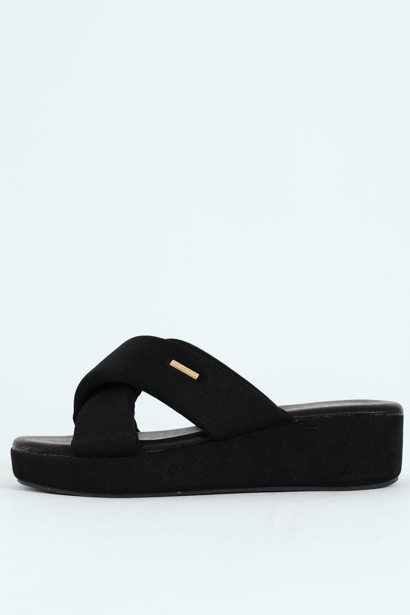 Mesh Crosstrap On Flatform Sandal - Black