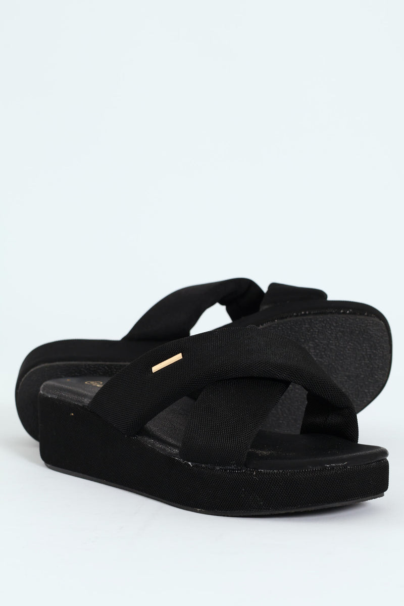 Mesh Crosstrap On Flatform Sandal - Black