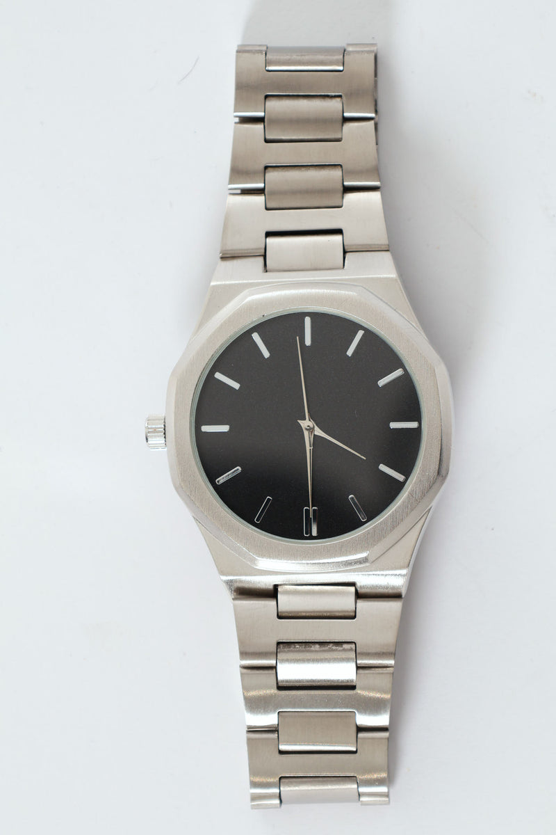 Black Dial Silver Metal Link Watch - Silver
