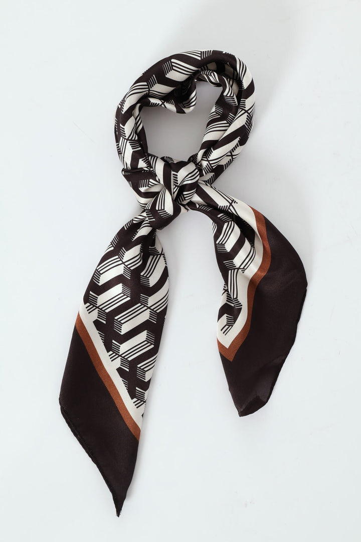 Geo Border Print Satin Feel Scarf - Black