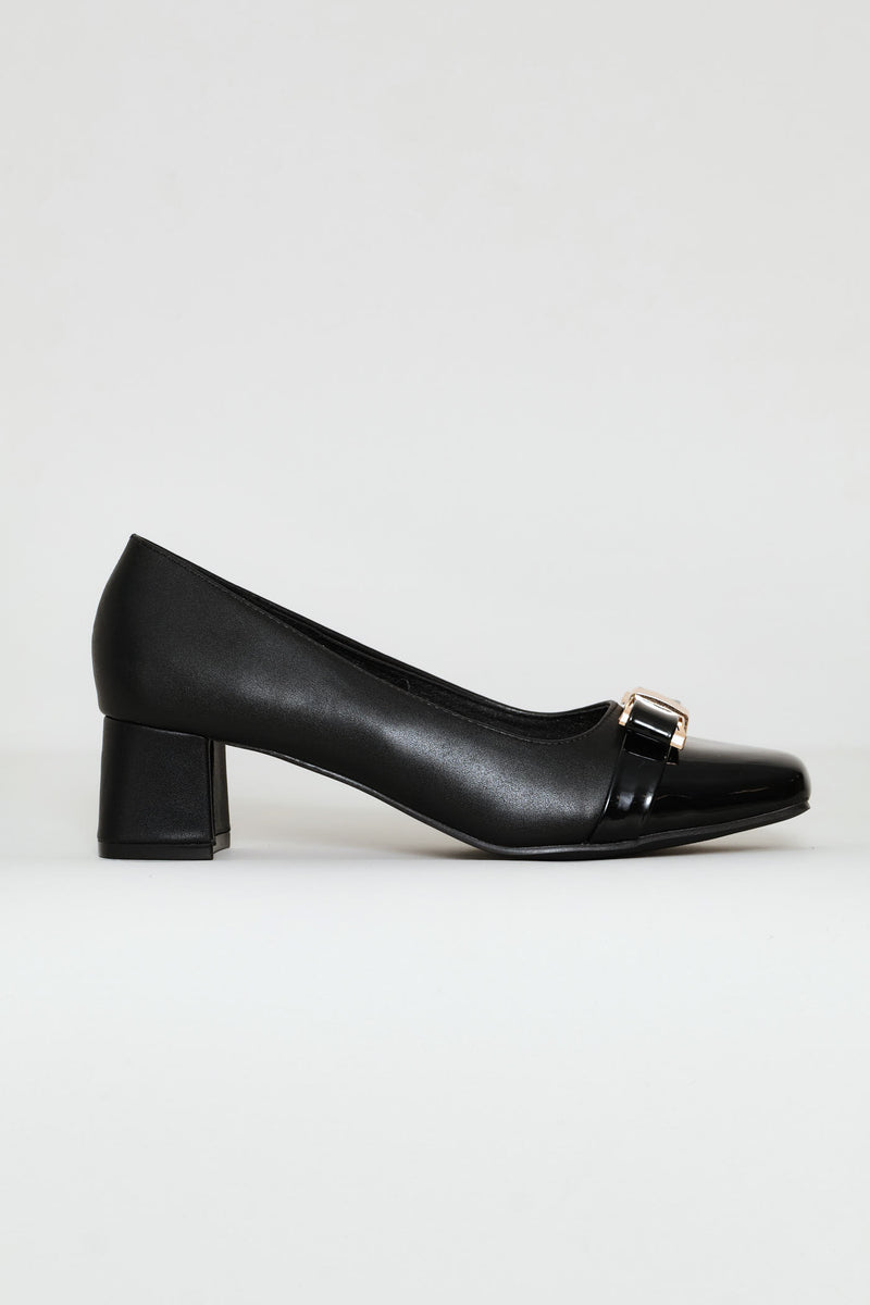 Square Toe Court Block Heel - Black