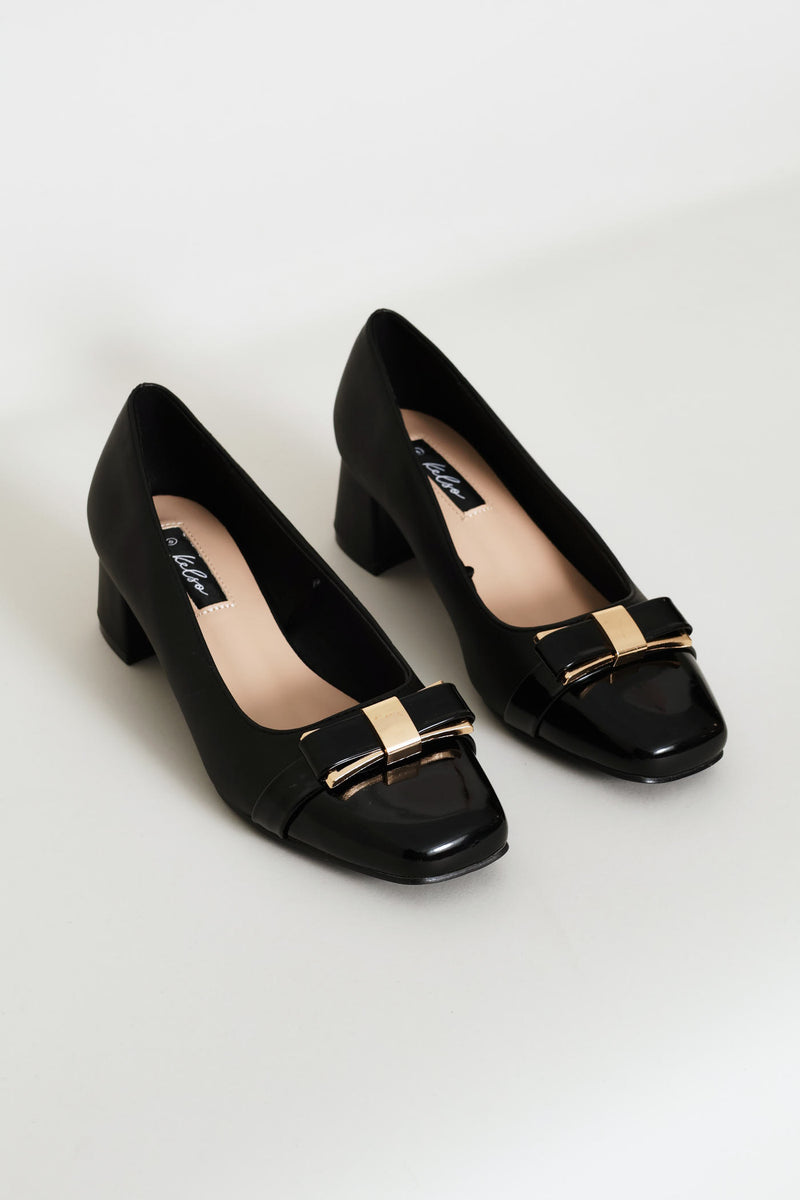 Square Toe Court Block Heel - Black