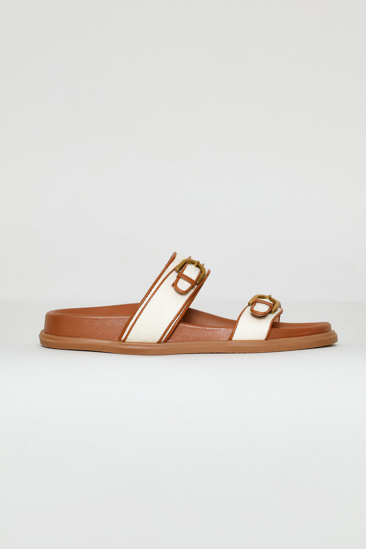 Buckle Detail Double Band Mule Sandal - Tan