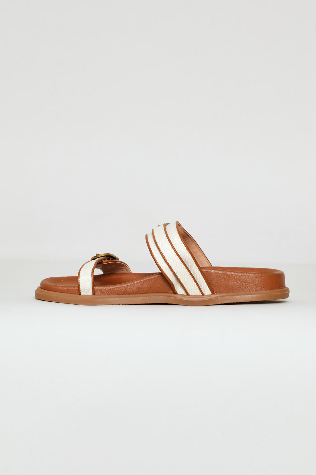 Buckle Detail Double Band Mule Sandal - Tan