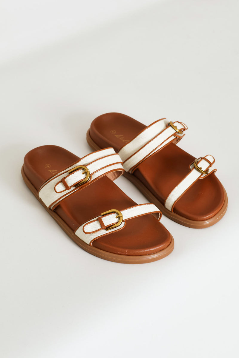 Buckle Detail Double Band Mule Sandal - Tan