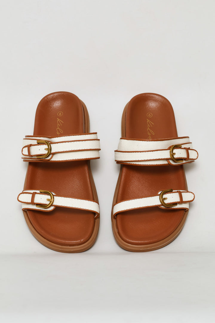 Buckle Detail Double Band Mule Sandal - Tan
