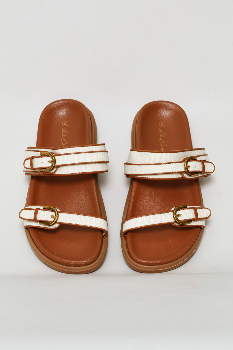 Buckle Detail Double Band Mule Sandal - Tan