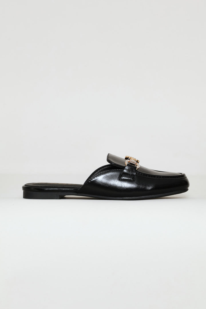 Square Toe Metal Trim Slip On - Black
