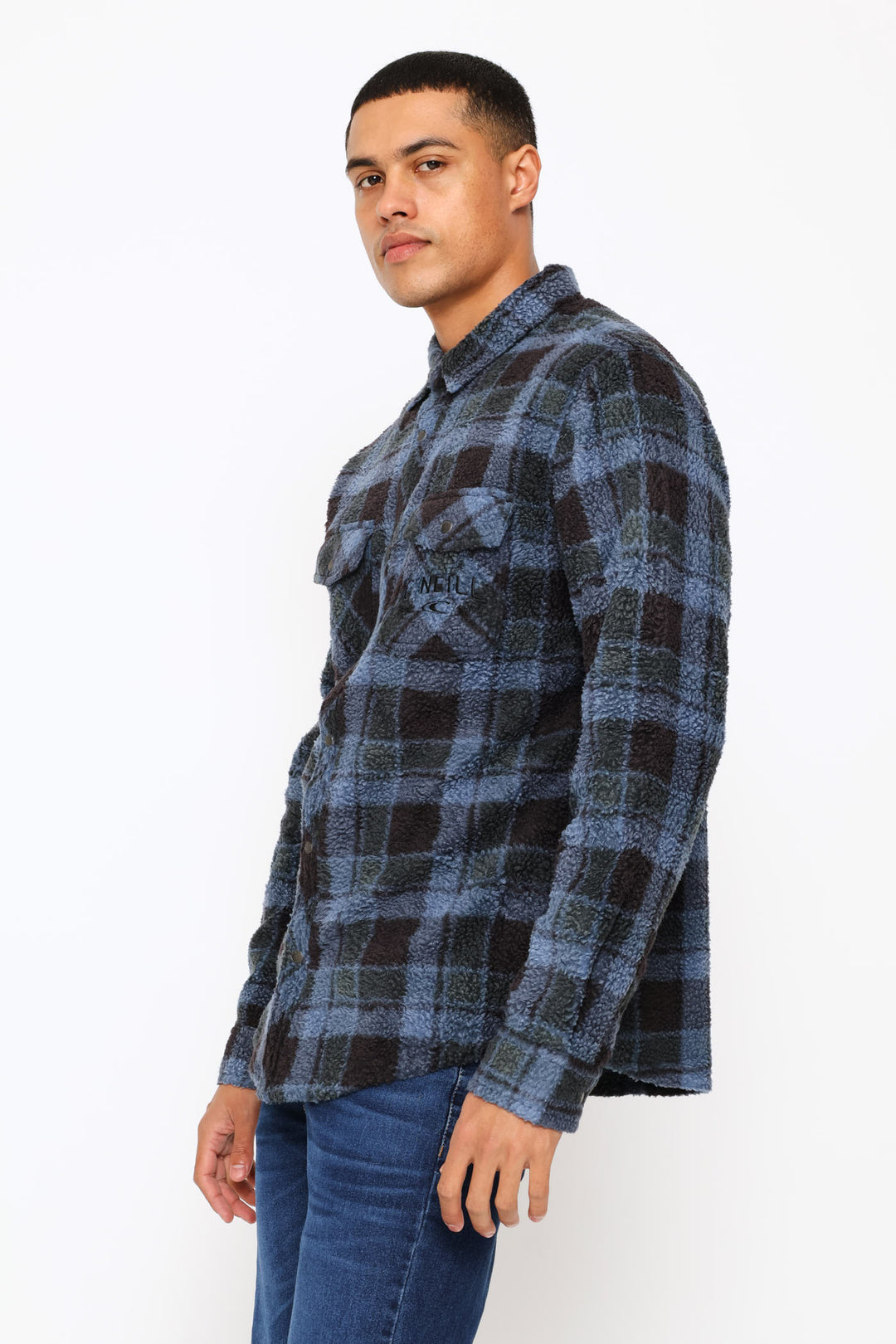 Glacier Plaid High Pile Super Fleece Shirt - Blue
