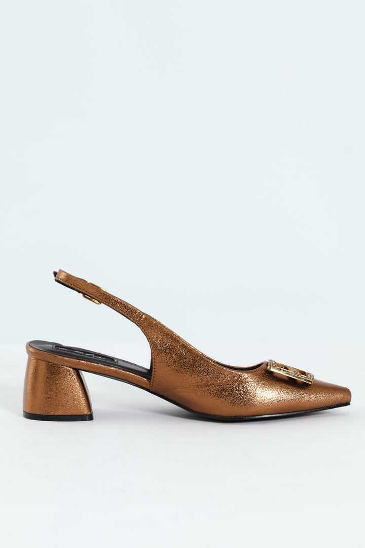 Block Heel With Diamante Trim - Bronze