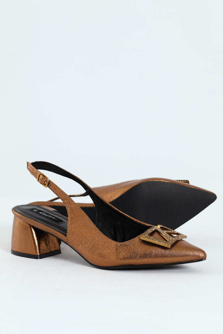 Block Heel With Diamante Trim - Bronze