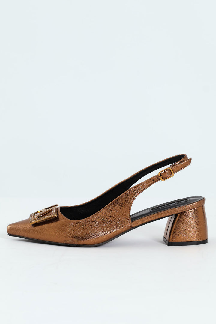 Block Heel With Diamante Trim - Bronze