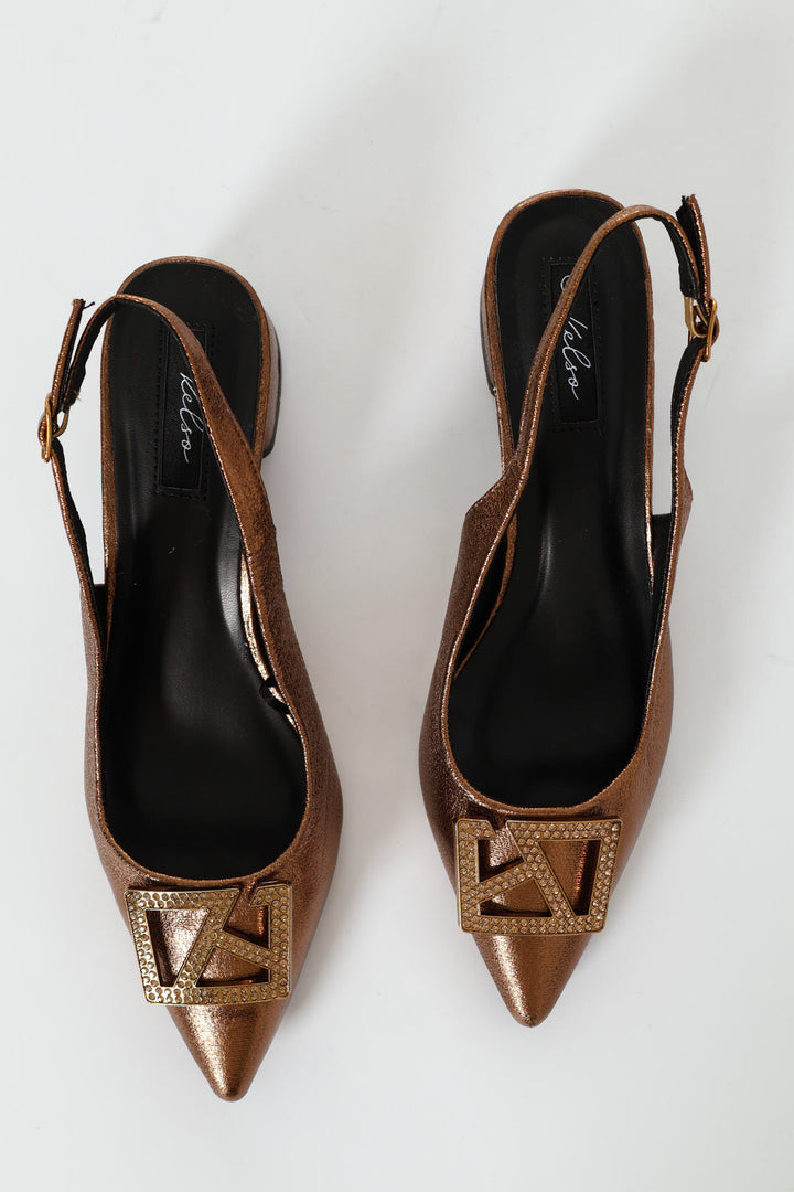 Block Heel With Diamante Trim - Bronze