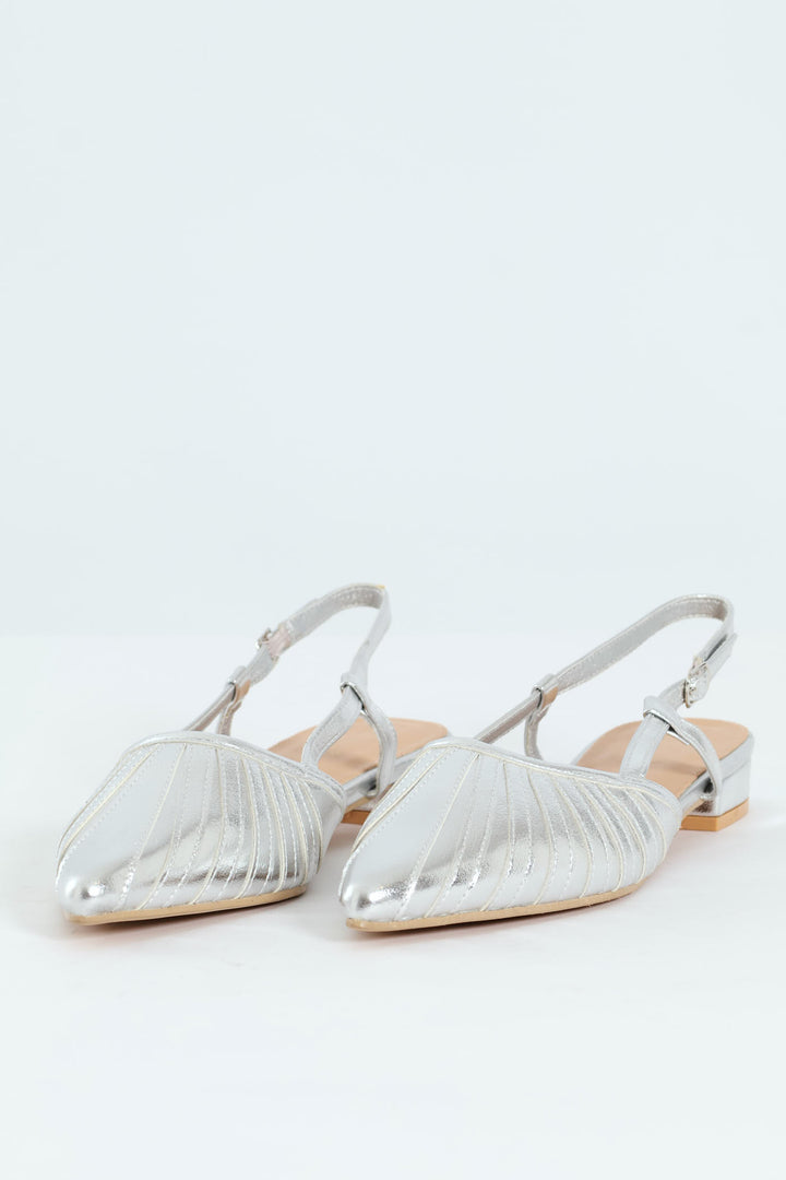 Pointy Webbed Mesh Slingback Heel - Silver