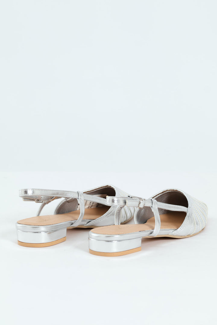 Pointy Webbed Mesh Slingback Heel - Silver