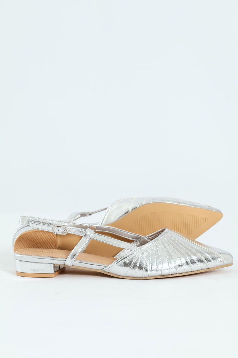 Pointy Webbed Mesh Slingback Heel - Silver