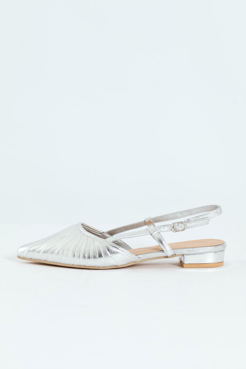 Pointy Webbed Mesh Slingback Heel - Silver
