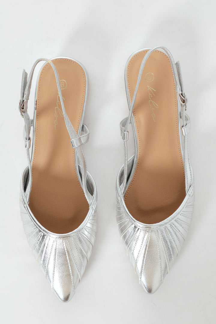 Pointy Webbed Mesh Slingback Heel - Silver