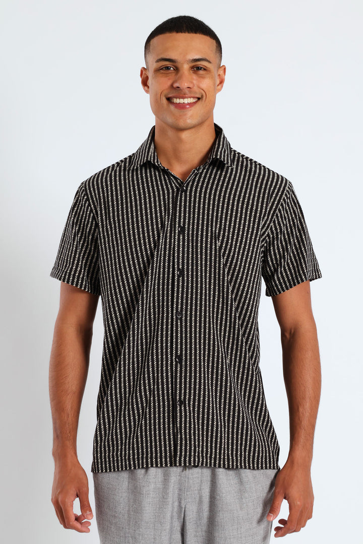 Geometric Stripe Viscose Shirt - Black/Beige