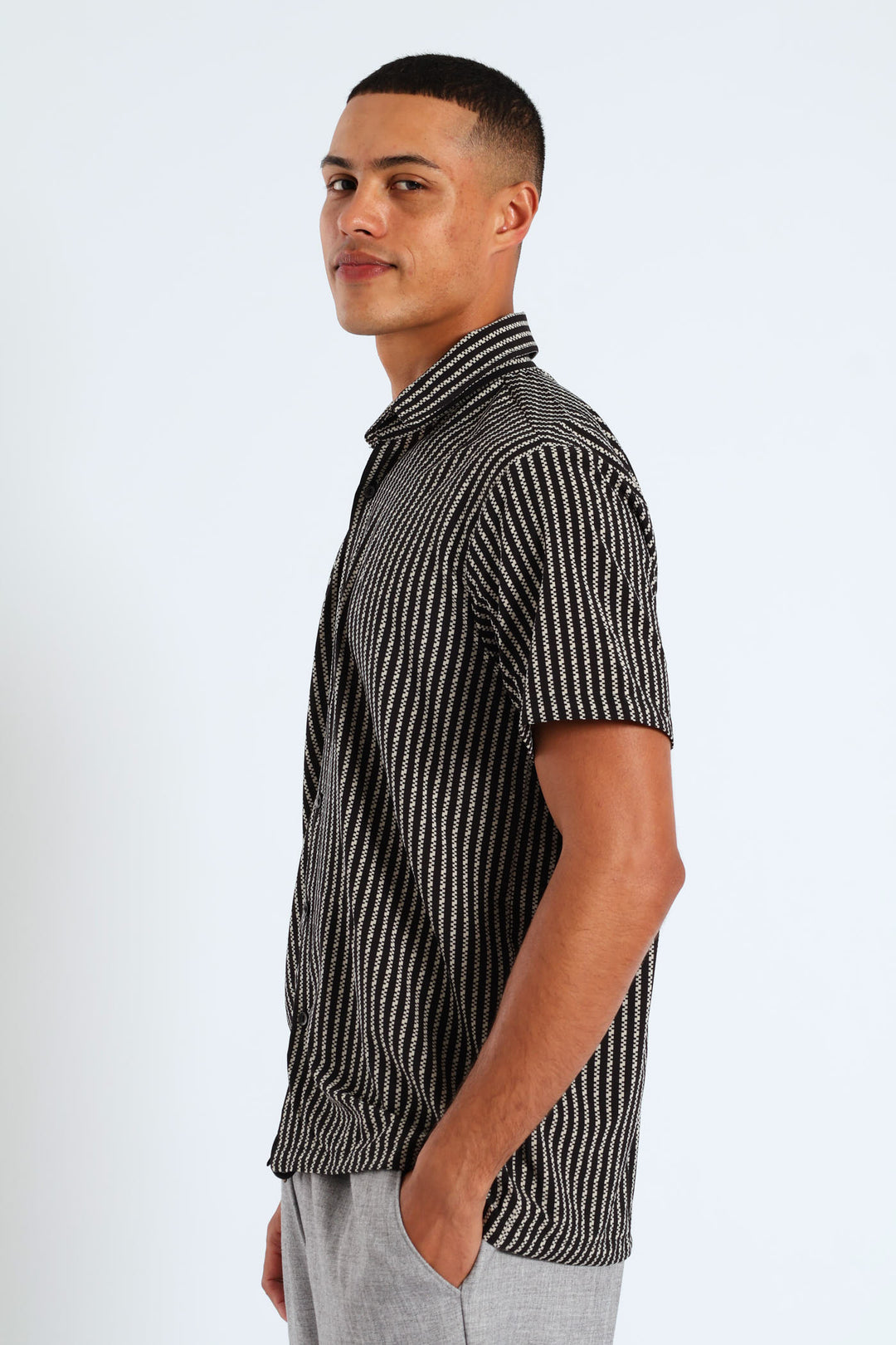 Geometric Stripe Viscose Shirt - Black/Beige