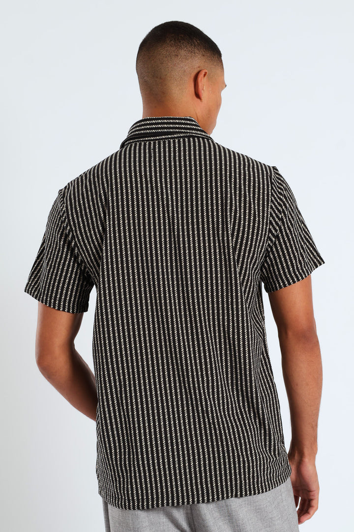 Geometric Stripe Viscose Shirt - Black/Beige
