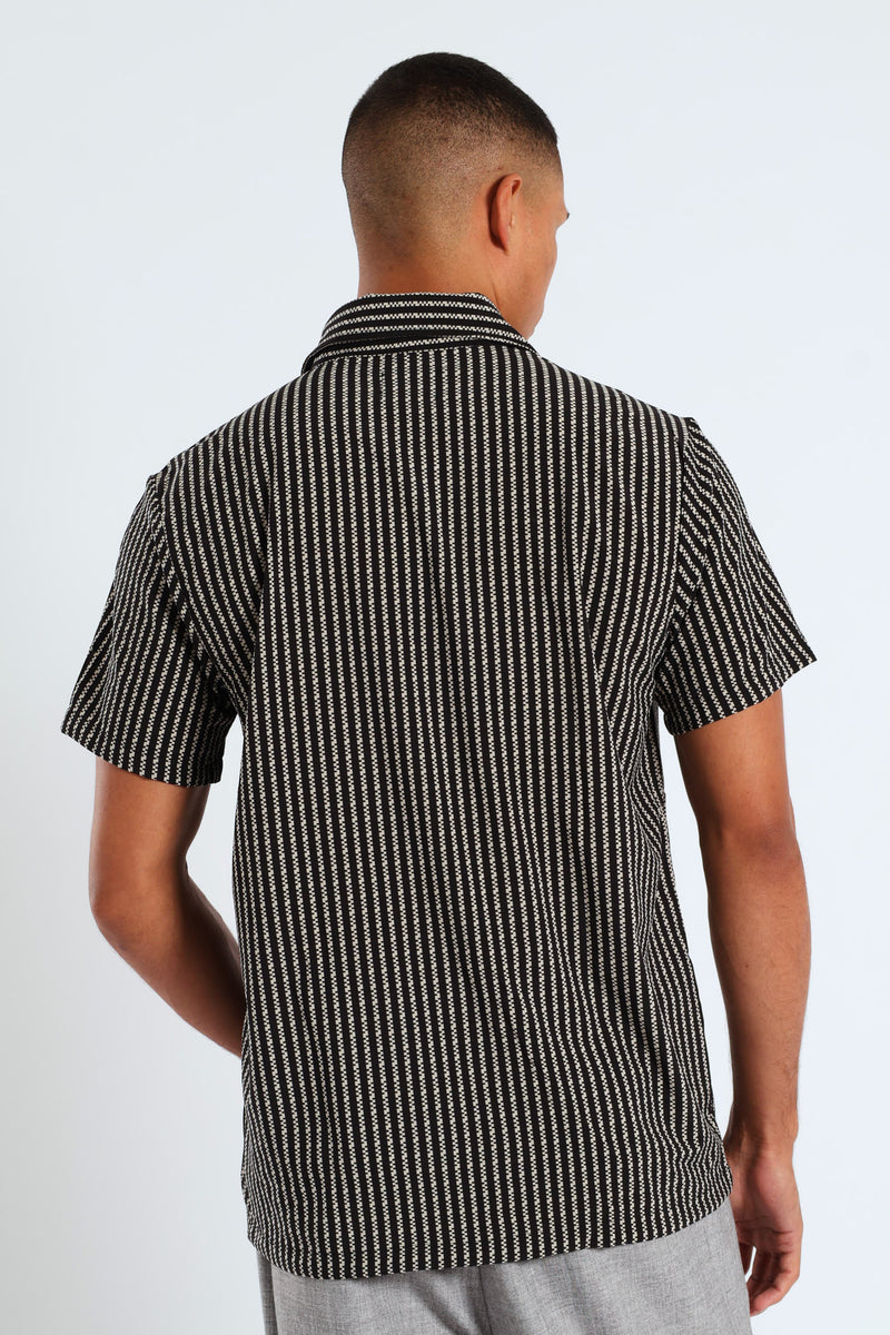 Geometric Stripe Viscose Shirt - Black/Beige