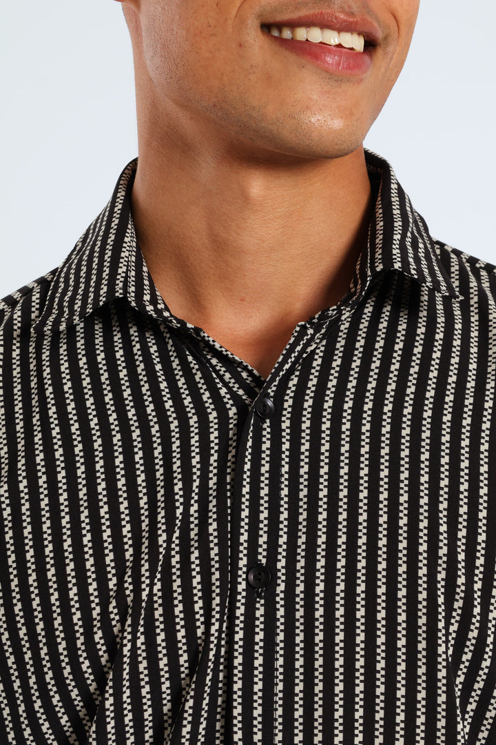 Geometric Stripe Viscose Shirt - Black/Beige