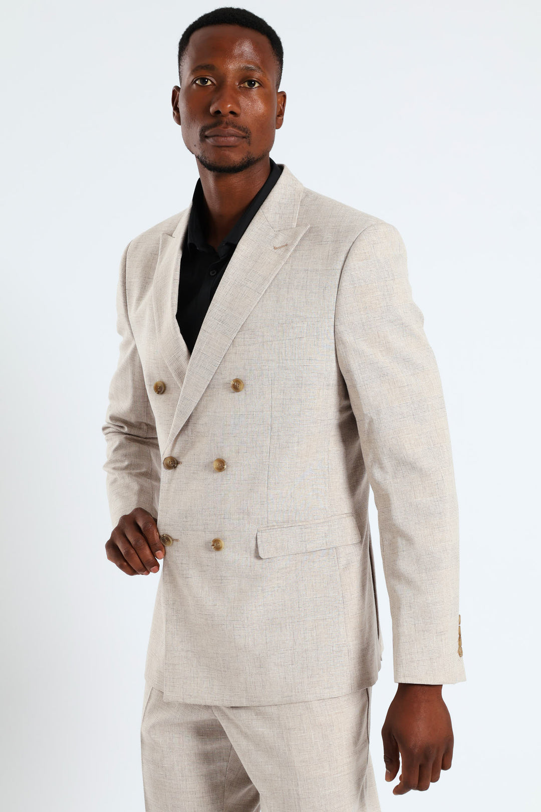 Glen Check Double Breasted Blazer - Natural