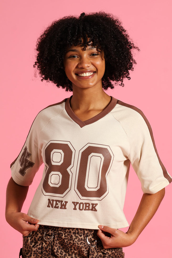 Girls New York Oversized Dropped Shoulder Crop Tee - Cream