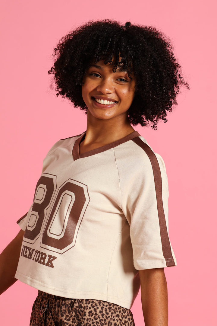 Girls New York Oversized Dropped Shoulder Crop Tee - Cream