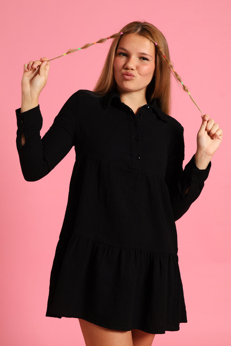 Girls Button Detail Collared Muslin Dress - Black