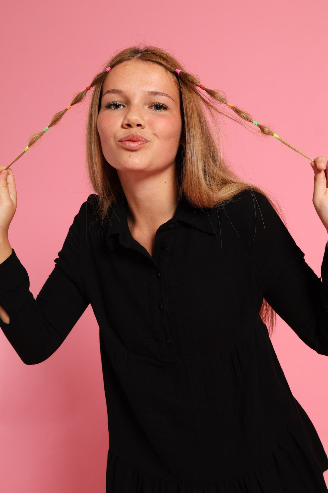 Girls Button Detail Collared Muslin Dress - Black