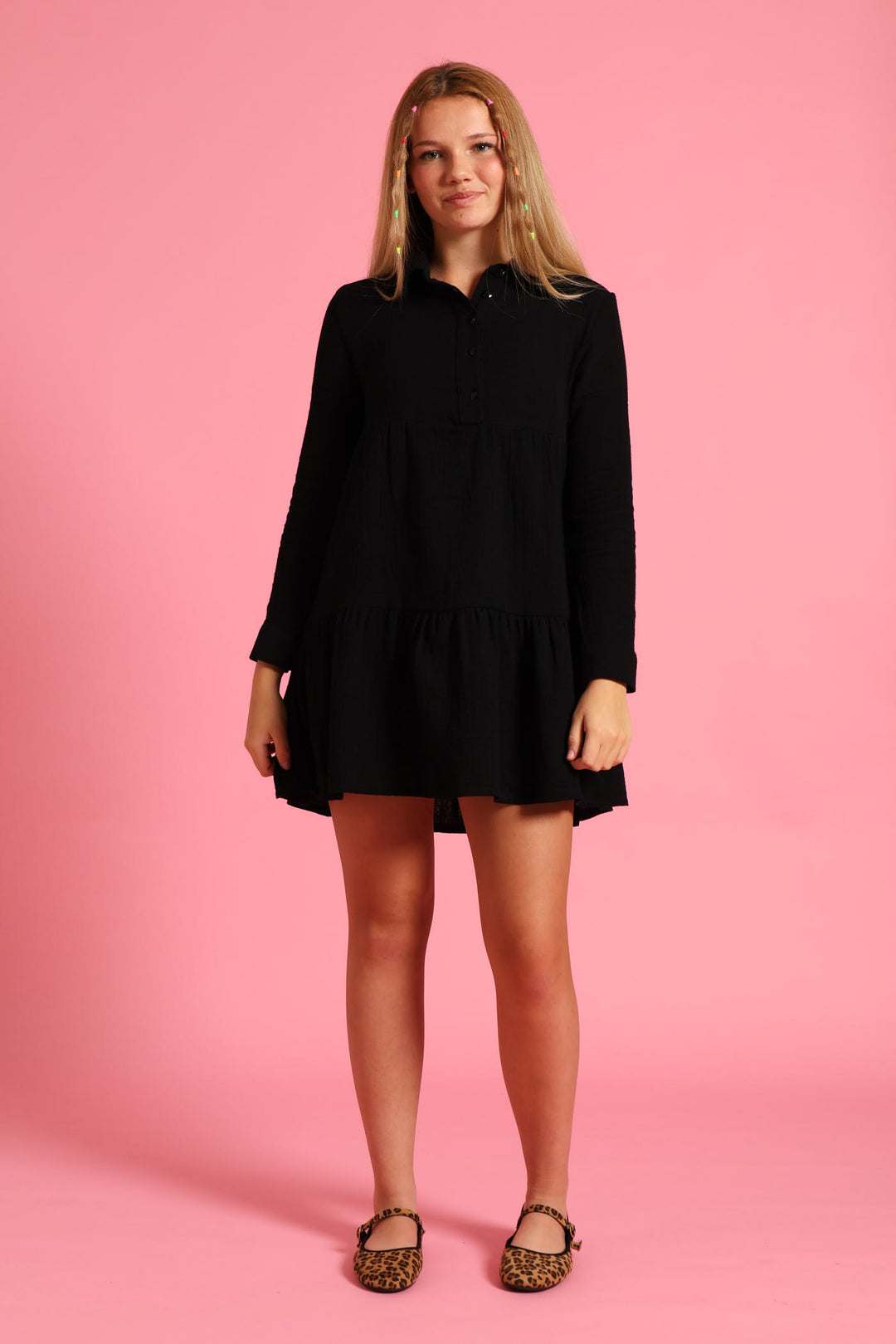 Girls Button Detail Collared Muslin Dress - Black