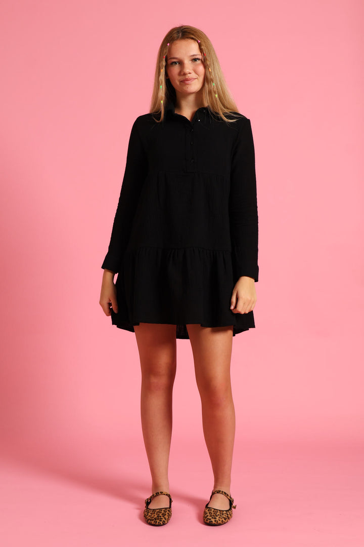 Girls Button Detail Collared Muslin Dress - Black