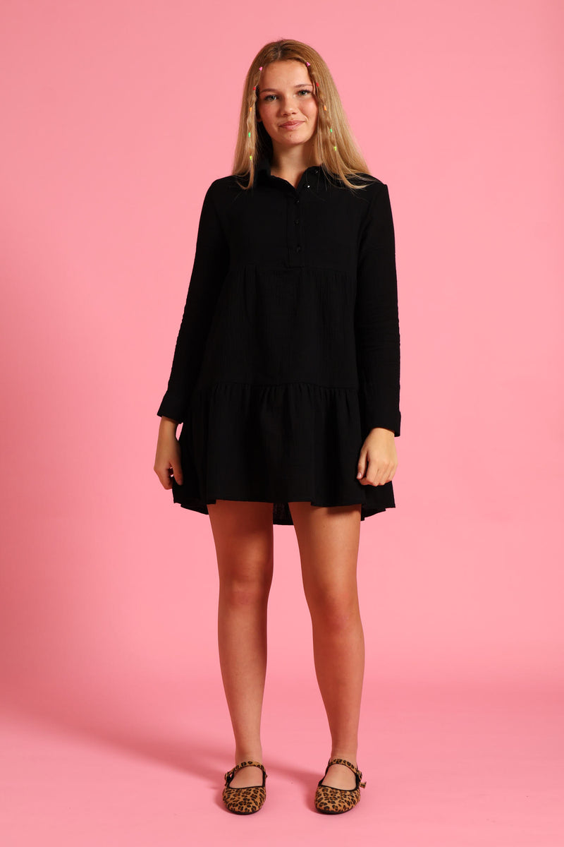 Girls Button Detail Collared Muslin Dress - Black
