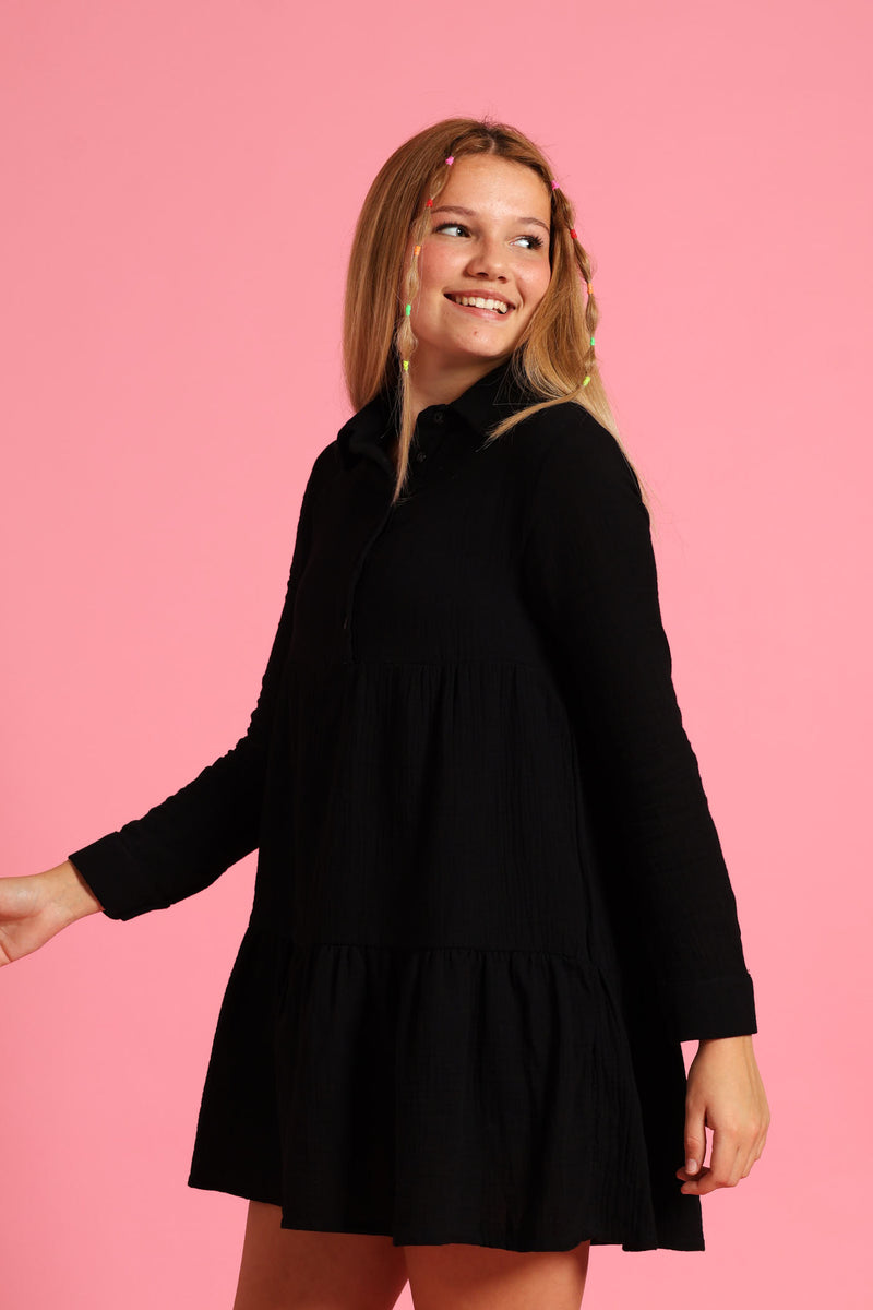 Girls Button Detail Collared Muslin Dress - Black