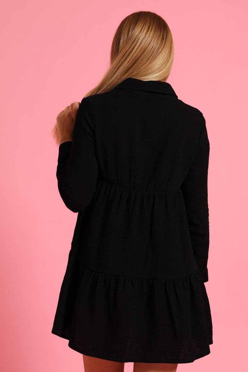 Girls Button Detail Collared Muslin Dress - Black